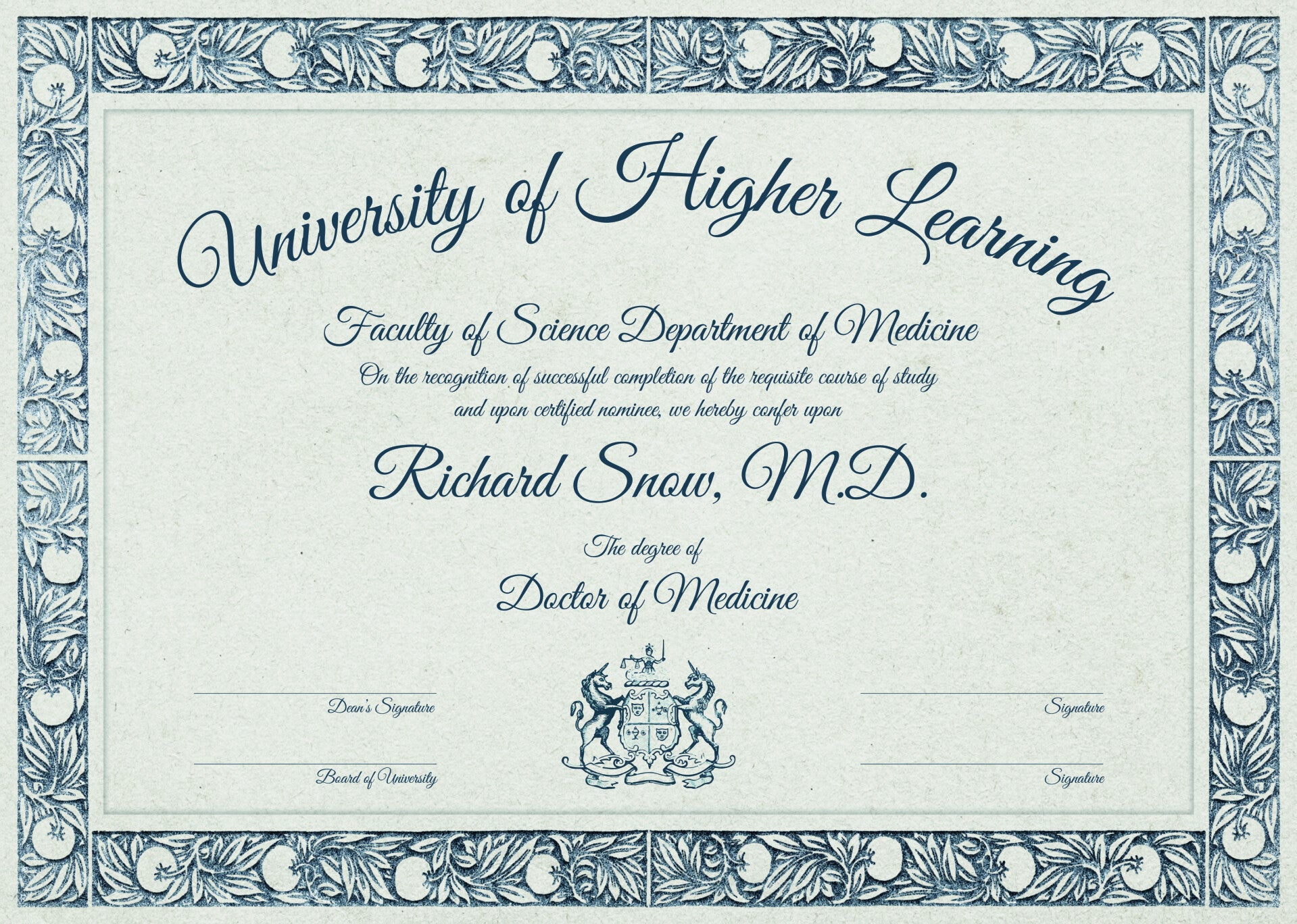 Promotionsurkunde für Doctor of Medicine, englischer Text "University of Higher Learning"