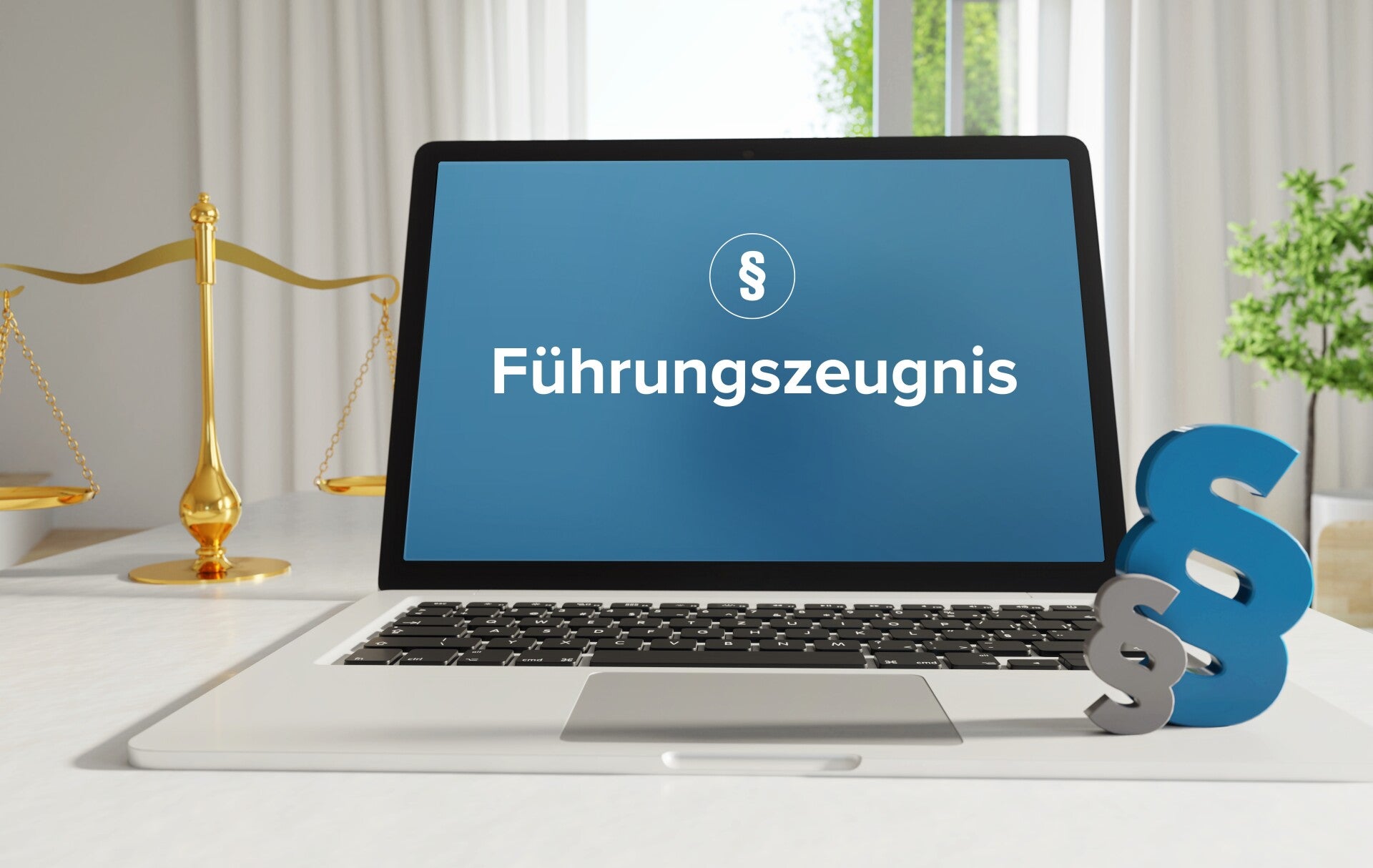 aufgeklapptes Notebook mit blauem Bild und Wort "Führungszeugnis" und Paragraphenzeichen