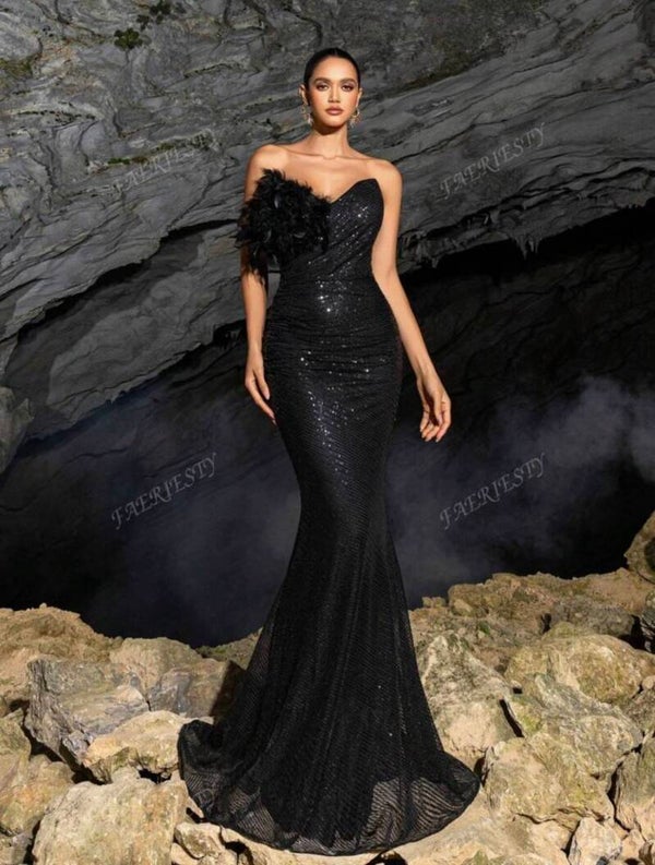 Robe soirée longue à volants sirène pailletée