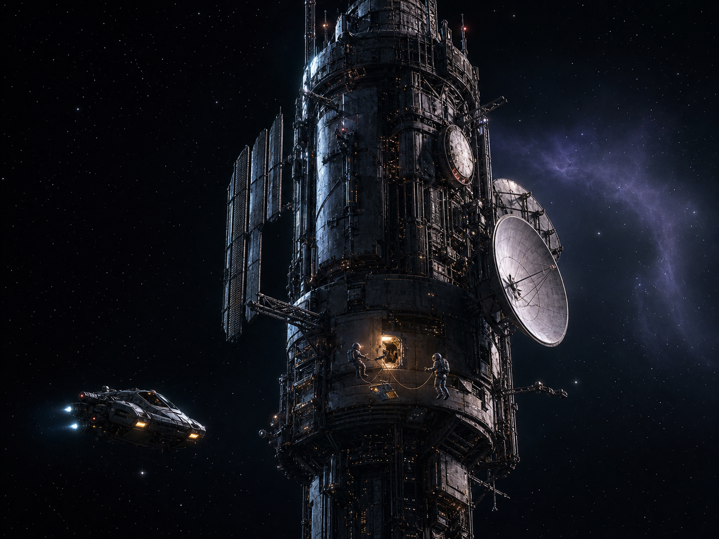 Two tethered astronauts repair a glowing hatch on a colossal communications relay as a small exploration craft waits in deep space.