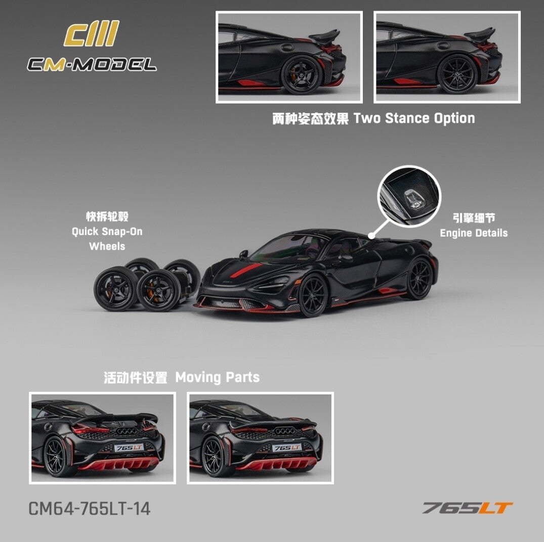 CM MODELS 1/64 McLAREN 765LT MATT BLACK WITH RED STRIPE