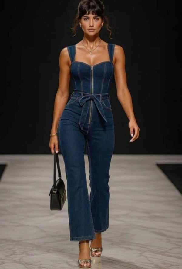 jeans denim getailleerde jumpsuit strik ceintuur taille