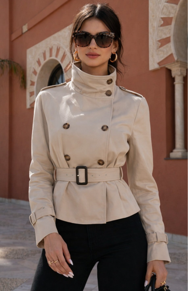 Korte Trench Jas met Hoge Kraag & Ceintuur – Beige