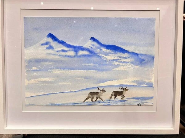 To reinsdyr på vandring under vinterblå fjell.