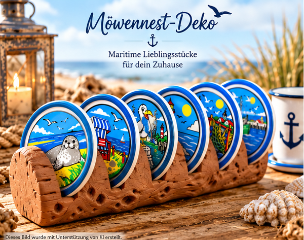 Maritime Untersetzer mit Treibholzhalter – 6-teiliges Nordsee-Se