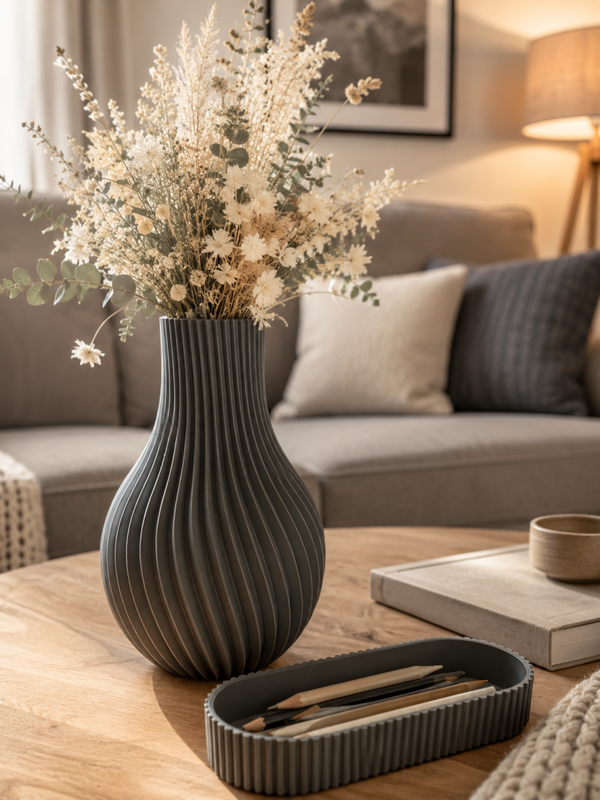 Set aus moderner Spiralvase und Schale im Rippendesign