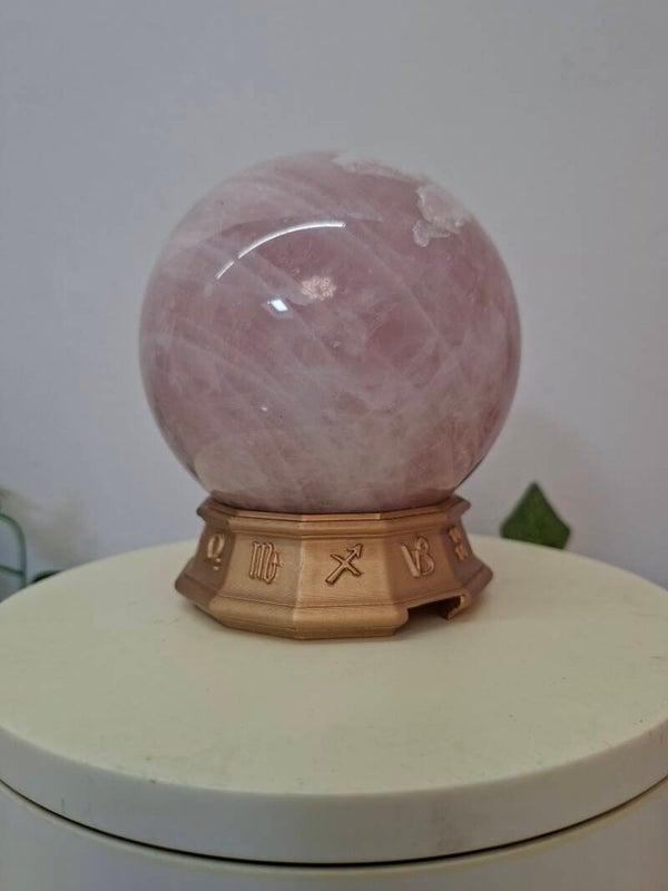 Rose Quartz Sphere with Zodiac Display Stand