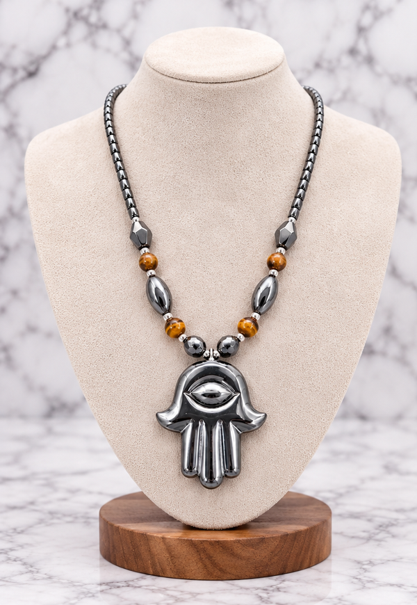 Hematite Hamsa Hand Necklace with Tiger’s Eye