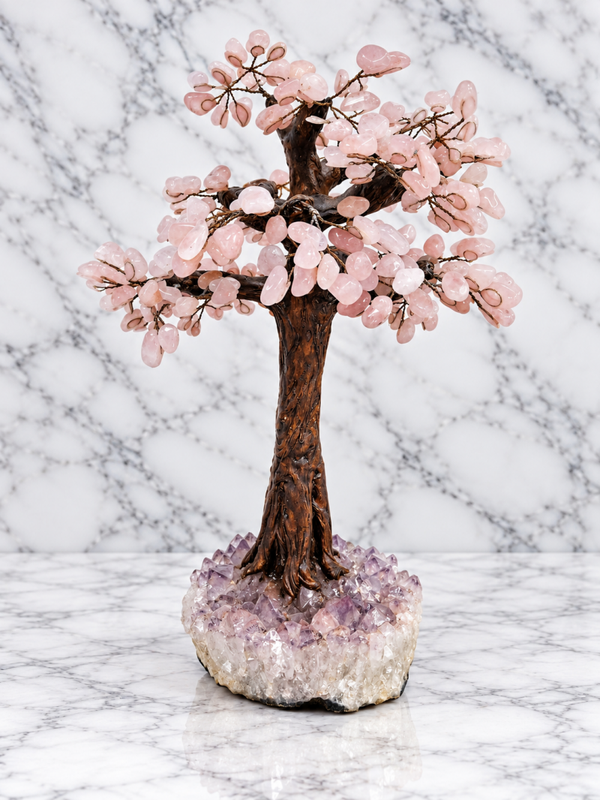 Rose Quartz Crystal Tree on Amethyst Base