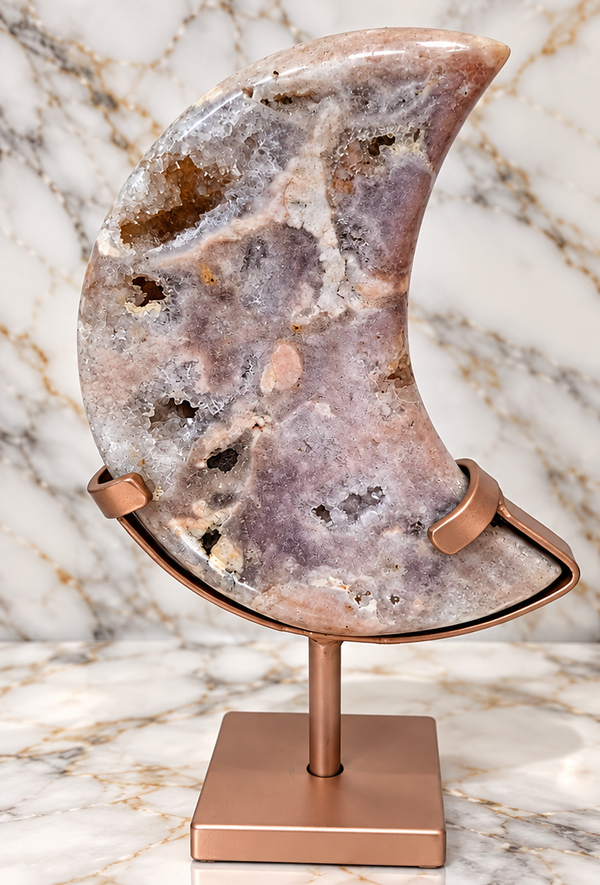 Pink Amethyst Crescent Moon on Stand