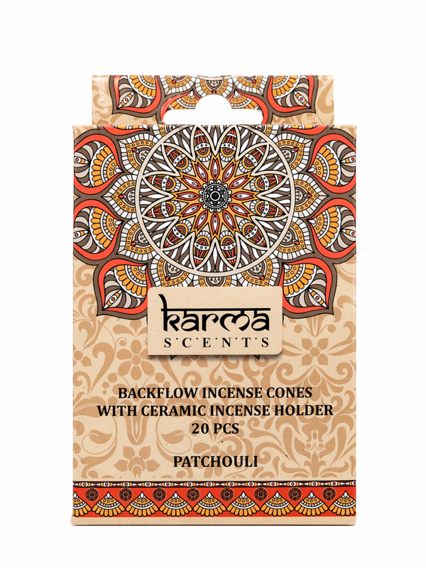Backflow Wierook Kegels – Karma Patchouli (20 stuks + keramische houder)