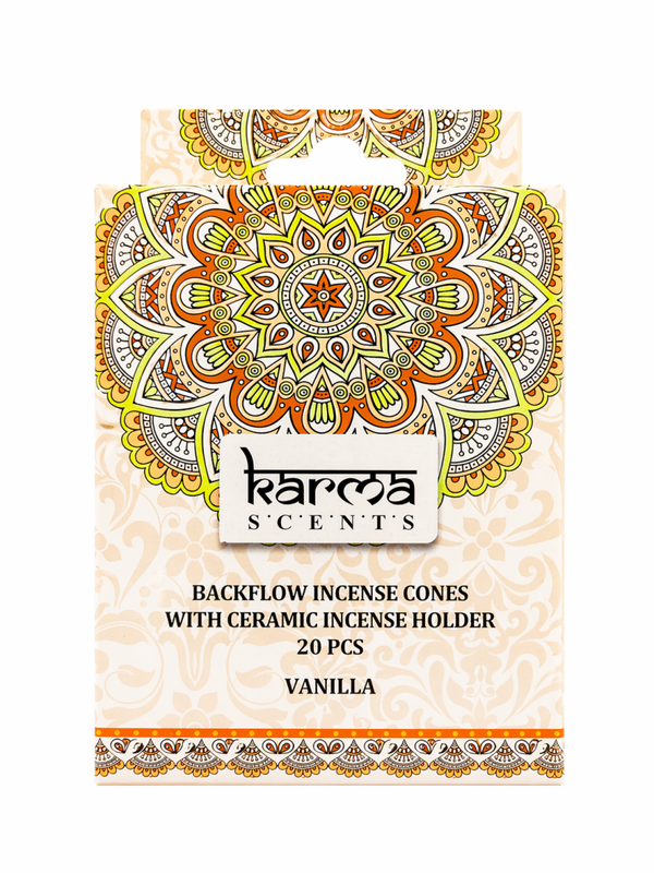 Backflow Wierook Kegels – Karma Vanilla (20 stuks + keramische houder)
