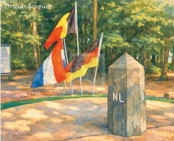 Drielandenpunt Vaals Aquarel Ansichtkaart – Originele Grenssteen met 3 Vlaggen