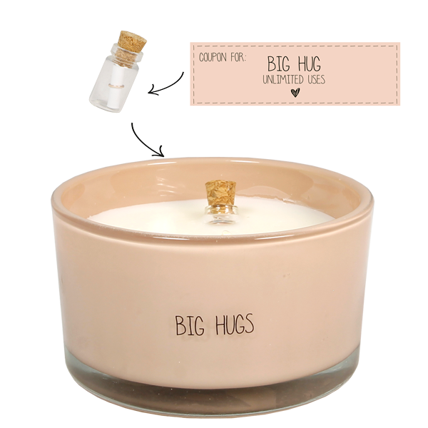 Flessenpot kaars met briefje Big hugs