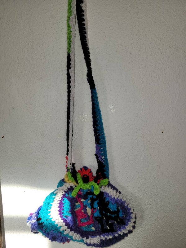 Freeform motif colorful crochet bag small with pocket and liner
