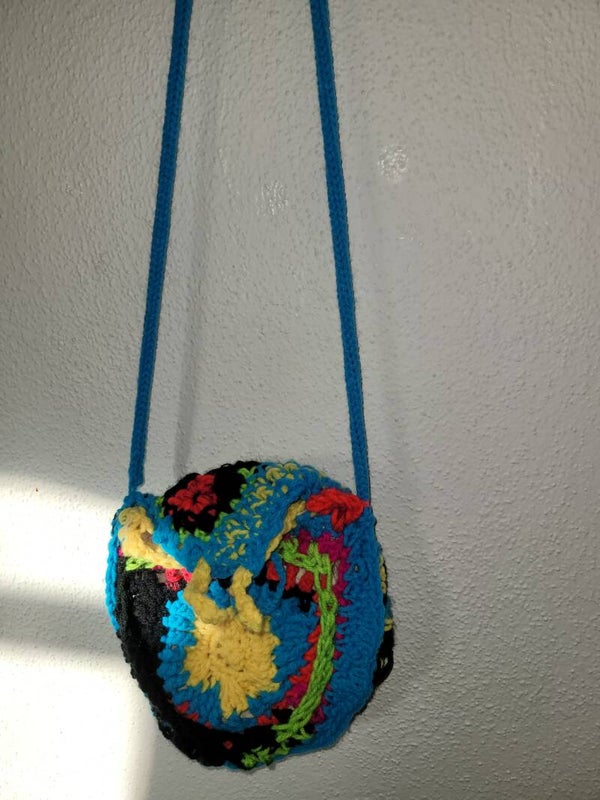 Freeform motif colorful crochet bag small with pocket and liner