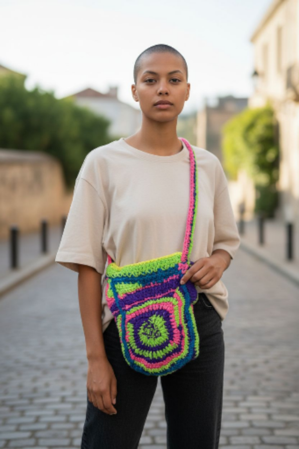 Freeform motif crochet bag lined with pocket