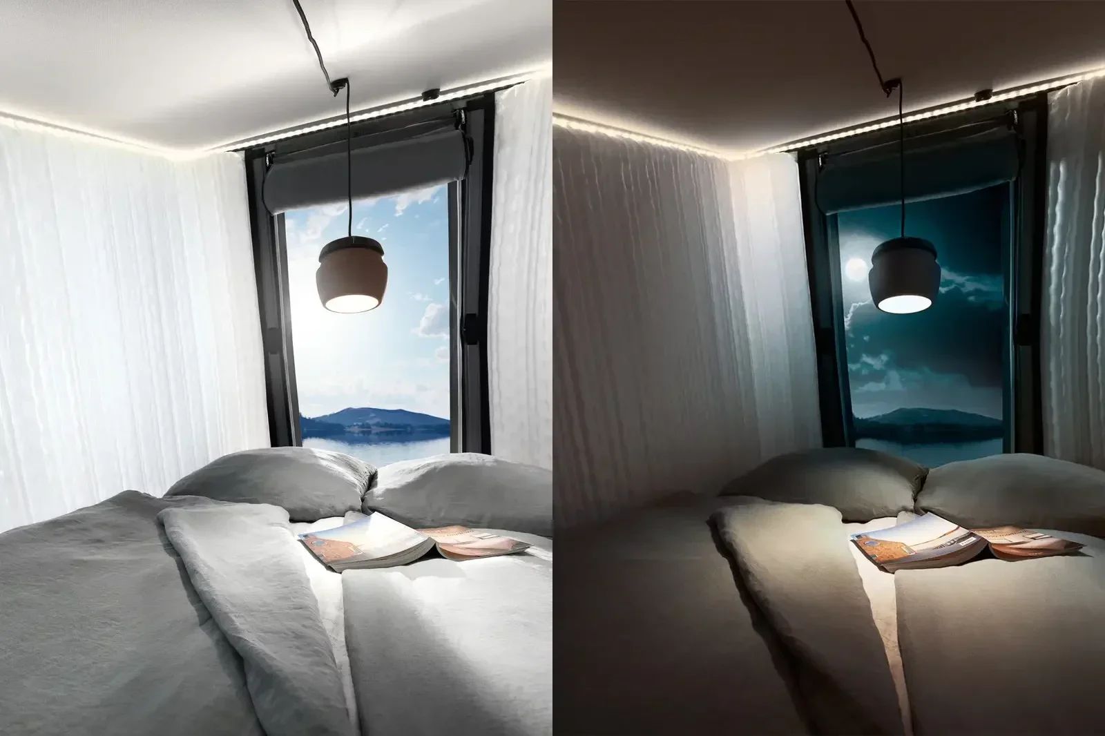 Chambre Venture lumineuse avec lit confortable et vue sur un lac et les montag