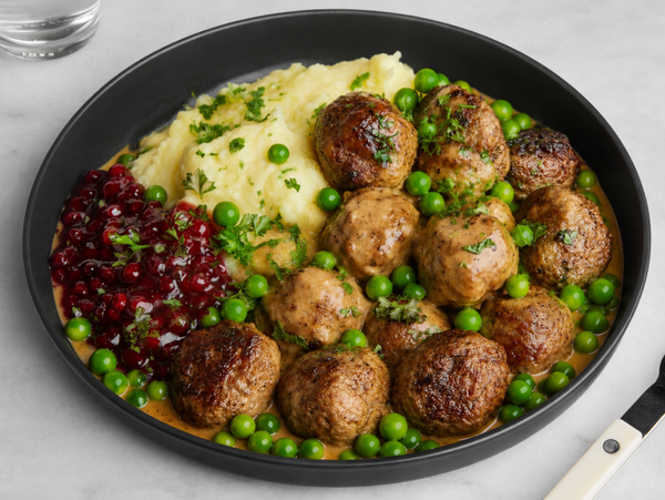 Swedish Pork Meatballs, Mash & Peas (serves 1)