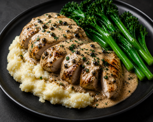 Creamy Peppercorn Chicken, Mash & Buttered Greens