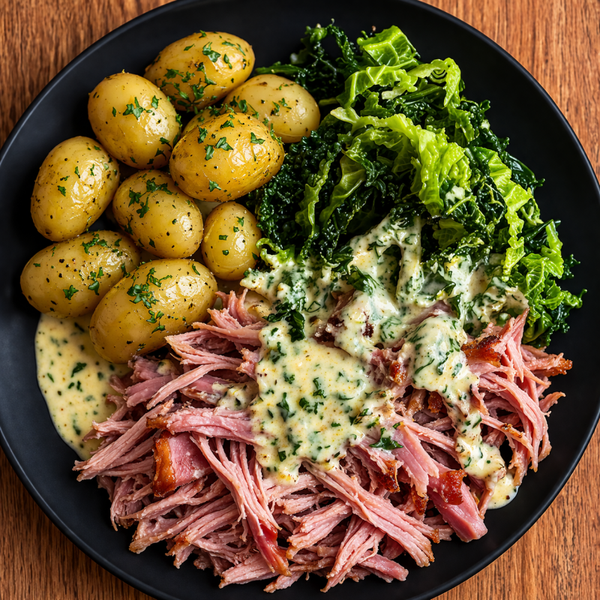 Slow cooked pulled gammon, garlic baby potatoes, savoy cabbage and parsley sauce (Serves 1)