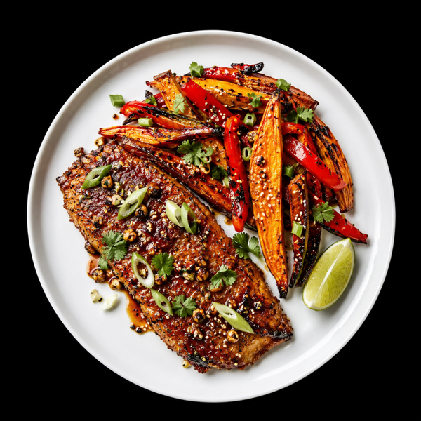 Sesame honey and lime basa with sweet potato wedges