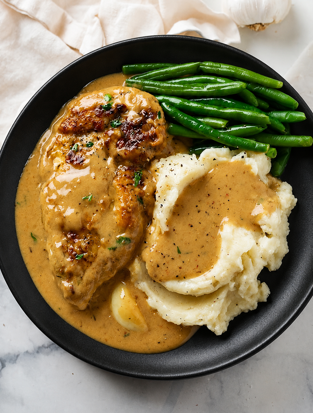 Creamy garlic chicken, mash, buttered green beans