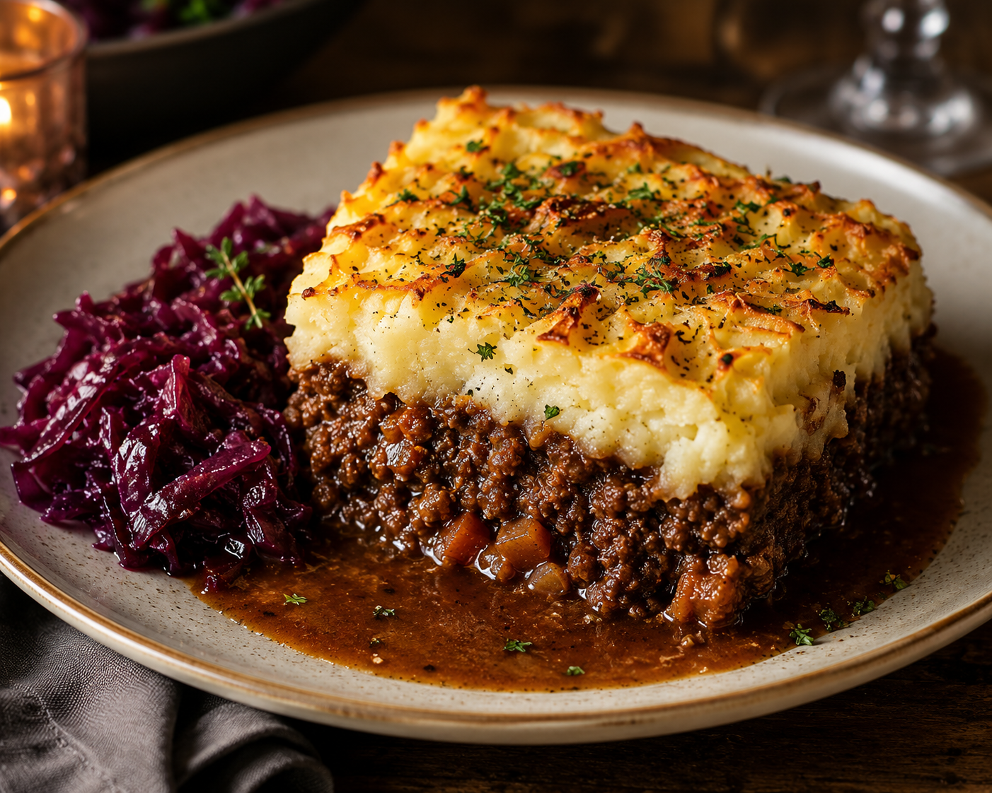 Slow Cooked Cottage Pie, Braised Red Cabbage & Red Wine Gravy (serves 1)