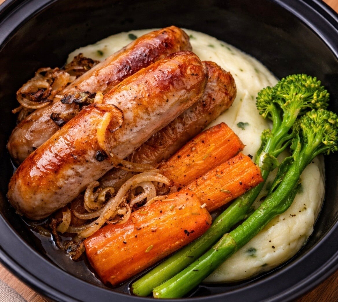 Sausages , Mash and Veg with onion gravy