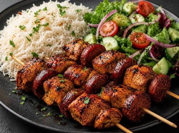 Chicken & Chorizo Kebabs With Rice & Side Salad (serves 1)