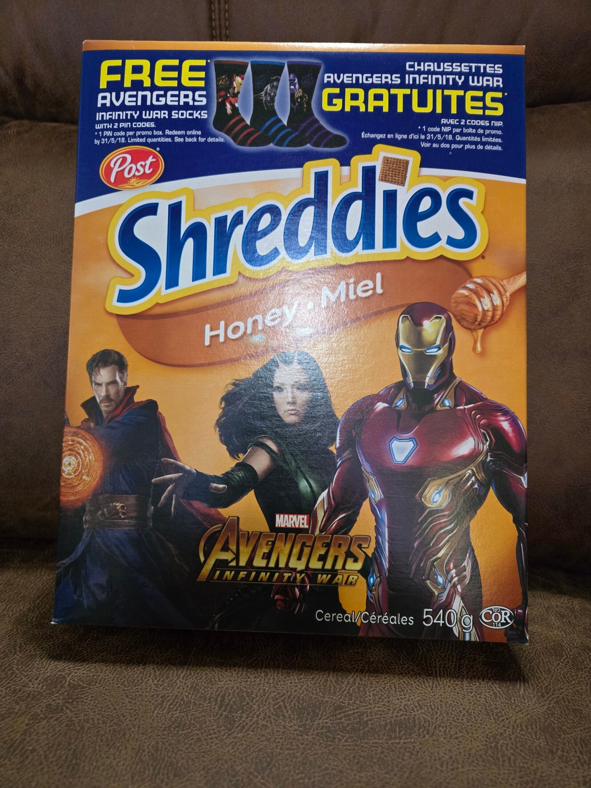 Shreddies Avengers Infinity War cereal box