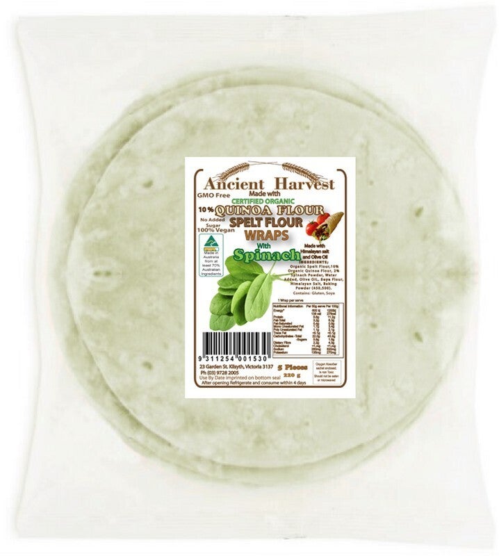 Ancient Harvest Organic Quinoa Spelt Flour Spinach Wraps 220g
