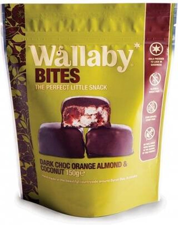 Wallaby Bites Dark Choc Orange Almond & Coconut G/F 150g
