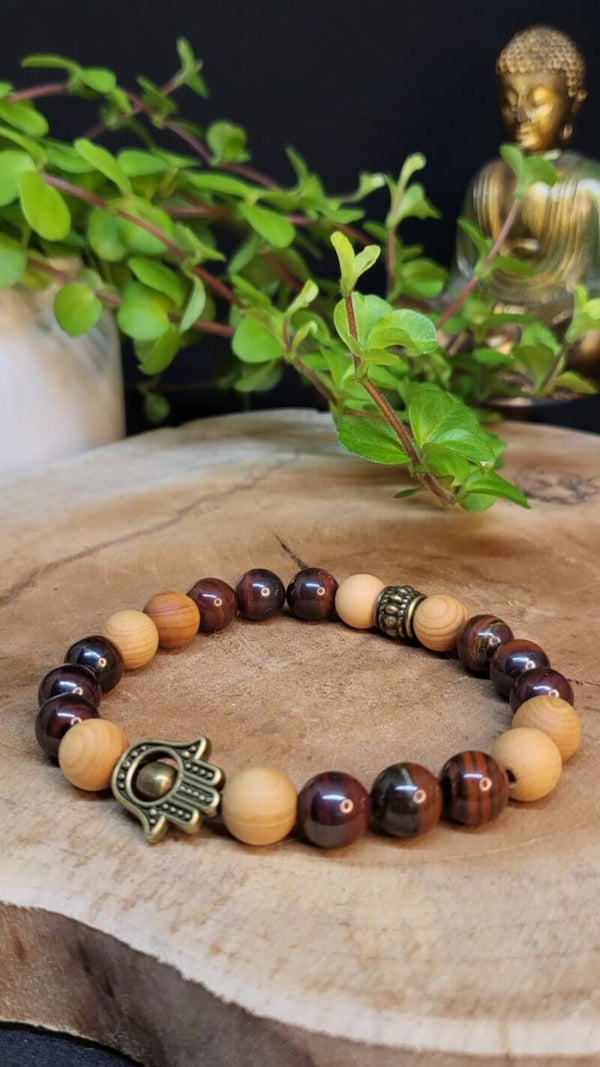 Mahonie Obsidiaan, houten kralen en Hamsa hand