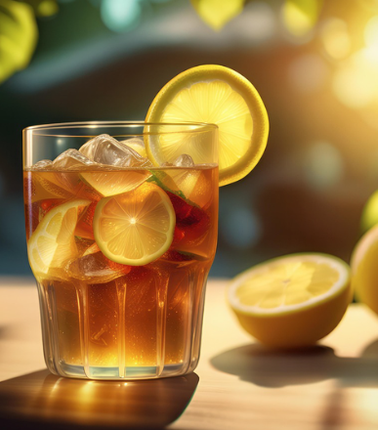 Ice Tea ggemaakt van groene thee met citroen en ijstheeblokjes.