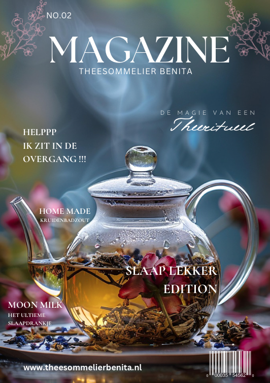 Tijdschrift slaap lekker en onstappen van Theesommelier Benita met op de voorkant een theepot met kruiden en bloemen erin,