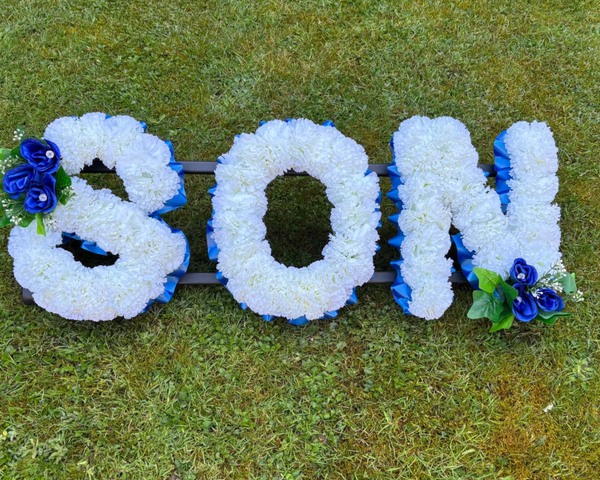 SON Royal Blue and Ivory or Light Blue and White Artificial Silk Funeral Tribute
