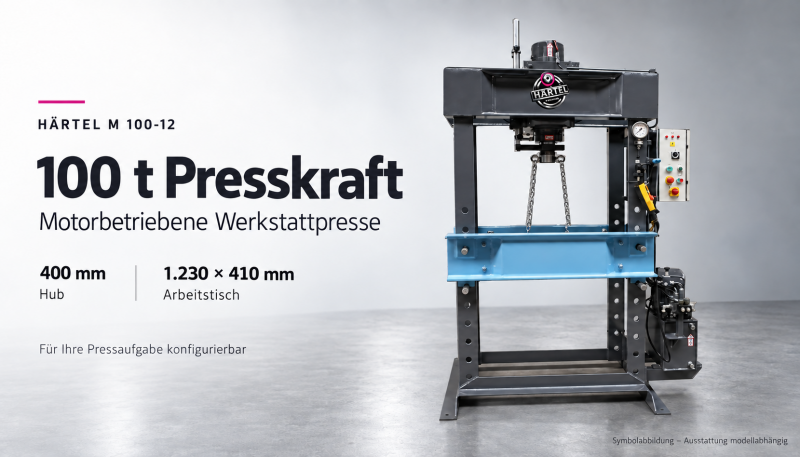 Werkstattpresse Härtet M 100-12 Ausführung Motor betrieben, 100 Tonnen Presskraft, Arbeitsbereich 1.230 mm