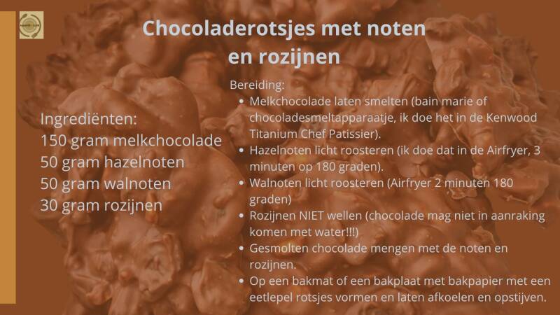 Chocoladerotsjes met noten en rozijnen. Ingrediënten en bereiding