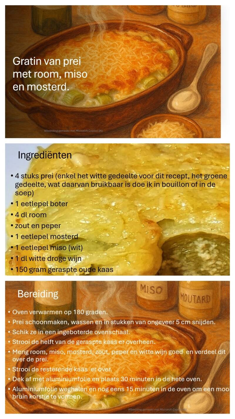 Gratin van prei met room, miso en mosterd.