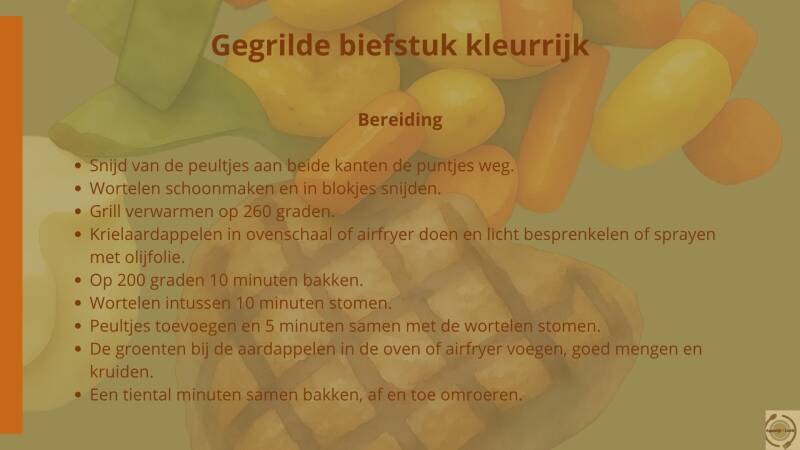 Bereiding gegrilde biefstuk kleurrijk