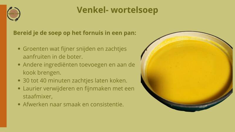 Venkel- wortelsoep, bereiding in soeppan op het fornuis
