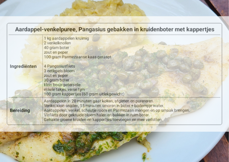 Aardappel-venkelpuree, Pangasius gebakken in kruidenboter met kappertjes