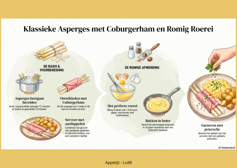 Asperges met Coburgerham en romig roerei