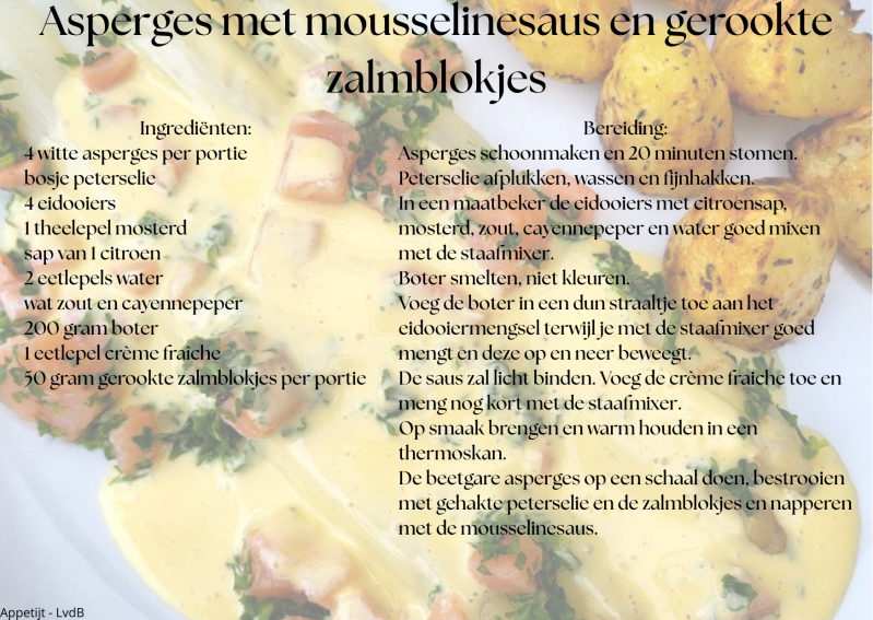 Asperges met mousselinesaus en gerookte zalmblokjes