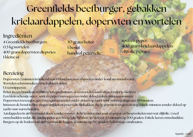 Greenfields beefburger, gebakken krielaardappelen, doperwten en wortelen