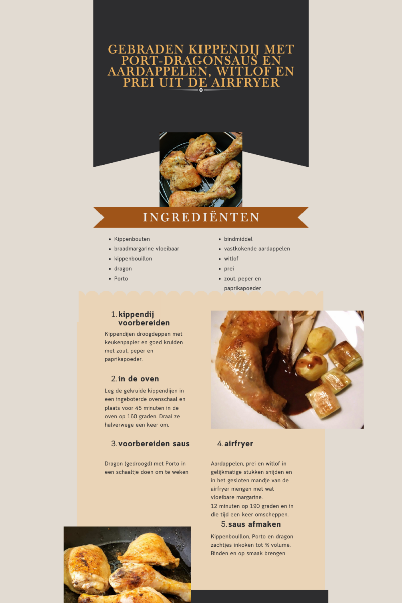 Gebraden kippendij met port-dragonsaus en aardappelen, witlof en prei uit de airfryer