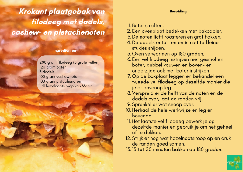 Krokant plaatgebak van filodeeg met dadels, cashew- en pistachenoten