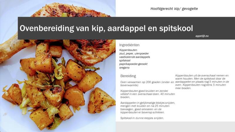 Ovenbereiding van kip, aardappel en spitskool