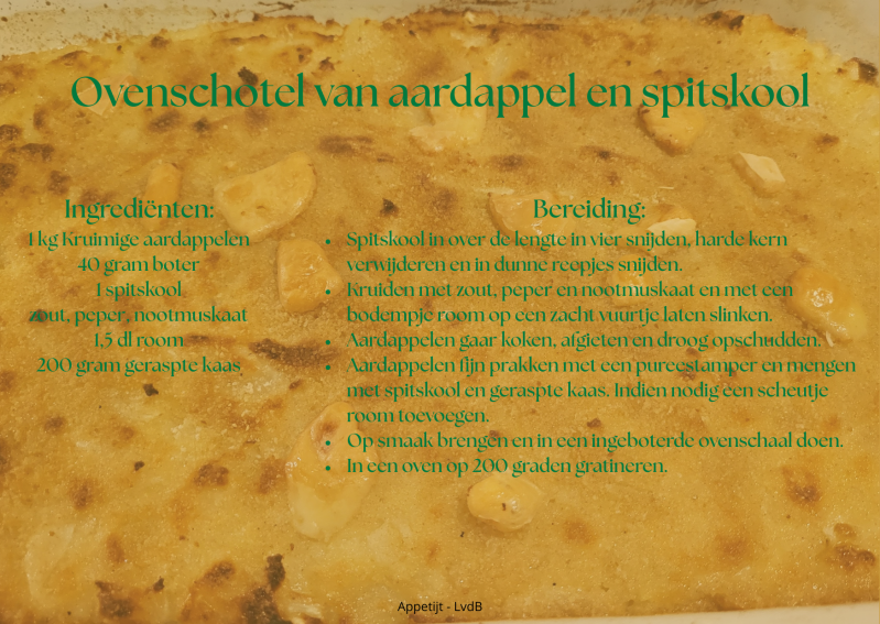 Ovenschotel van aardappel en spitskool